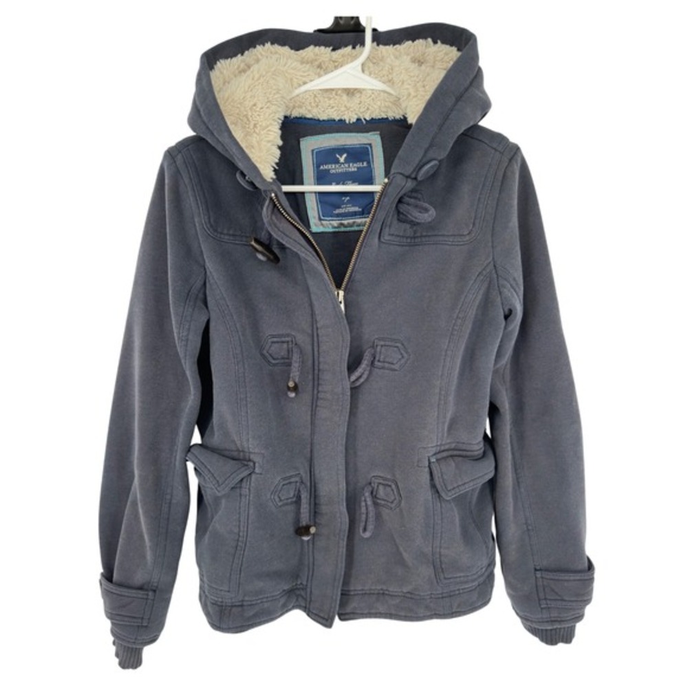 Y2K American Eagle Outfitters Eagle Fleece Hooded Duffle Jacket Navy Blue Size S